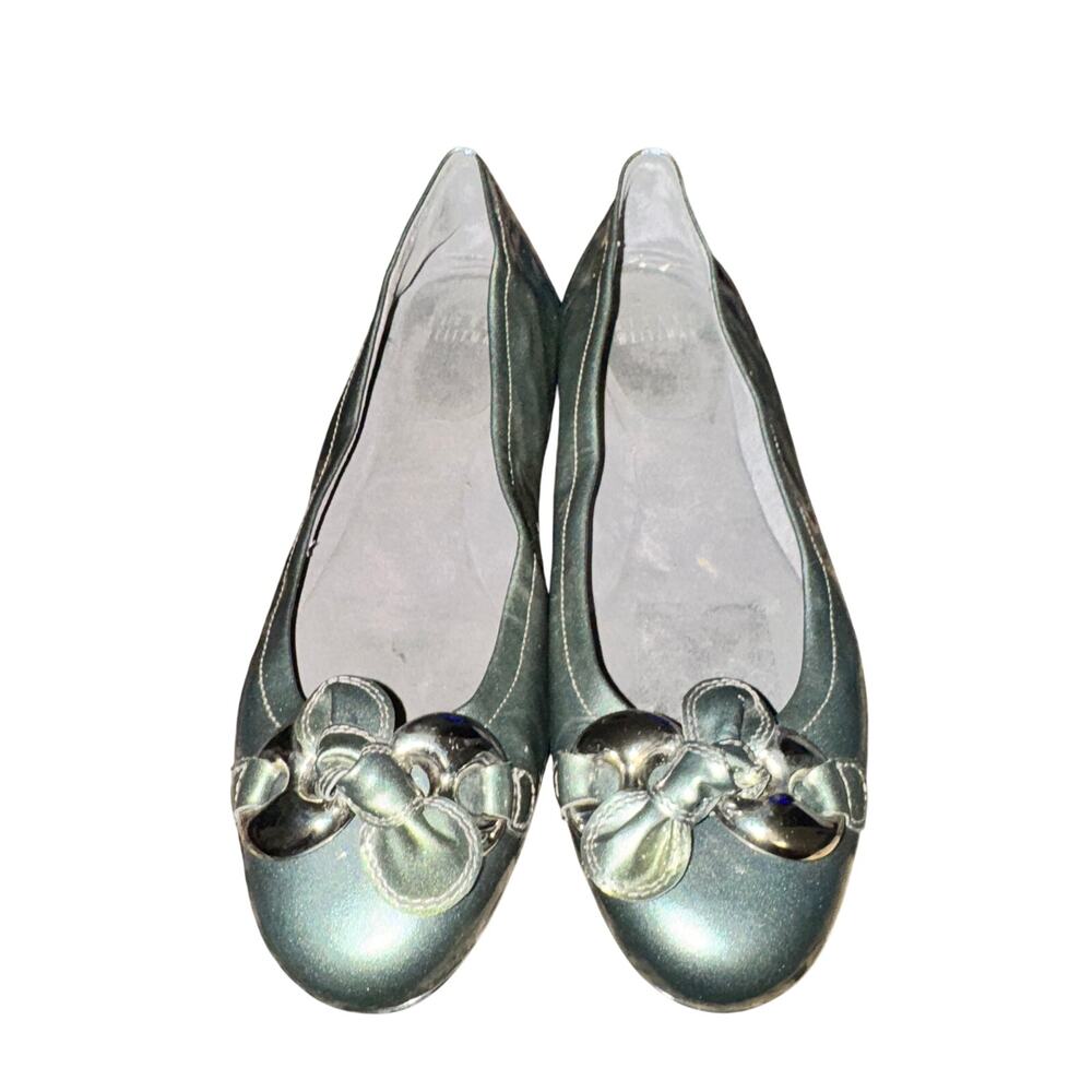 Stuart Weitzman Lolly Ballet Flats Women's Size 7.5 M Silver Patent Leather Bow
